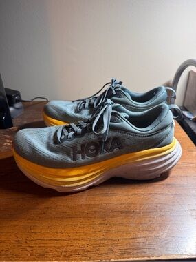 Hoka bondi 8 Grey and Yellow Running Shoes men size 8/women size 9